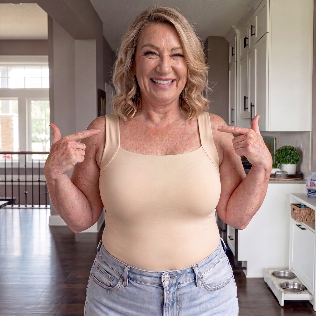 A smiling woman in a beige tank top and jeans points to her shoulders.