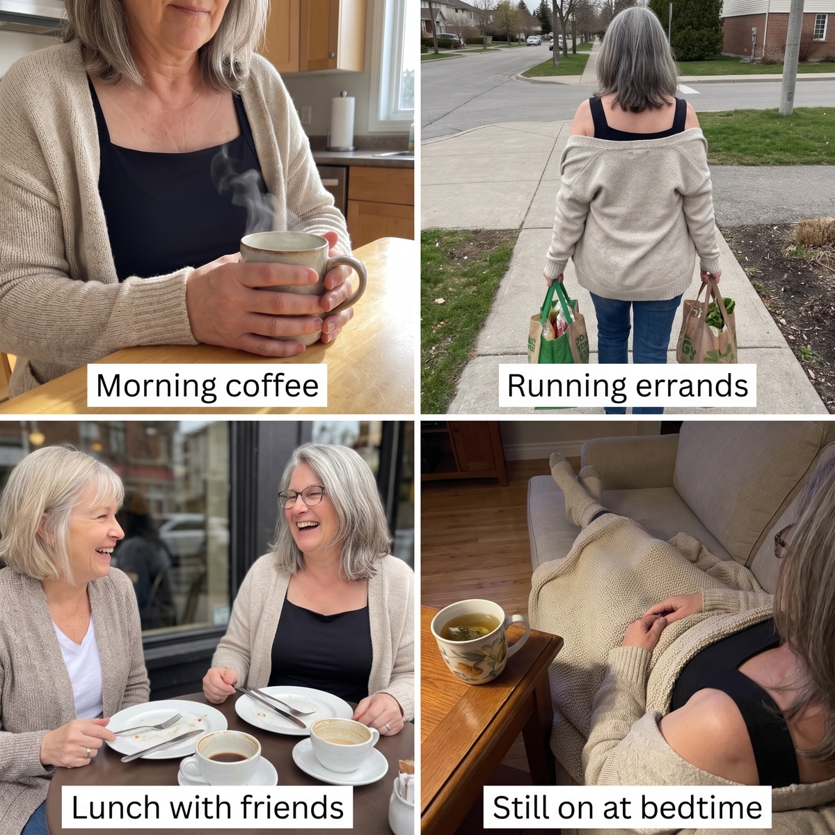 Four photos of the same woman in the tank: morning coffee, running errands, lunch with friends, still on at bedtime
