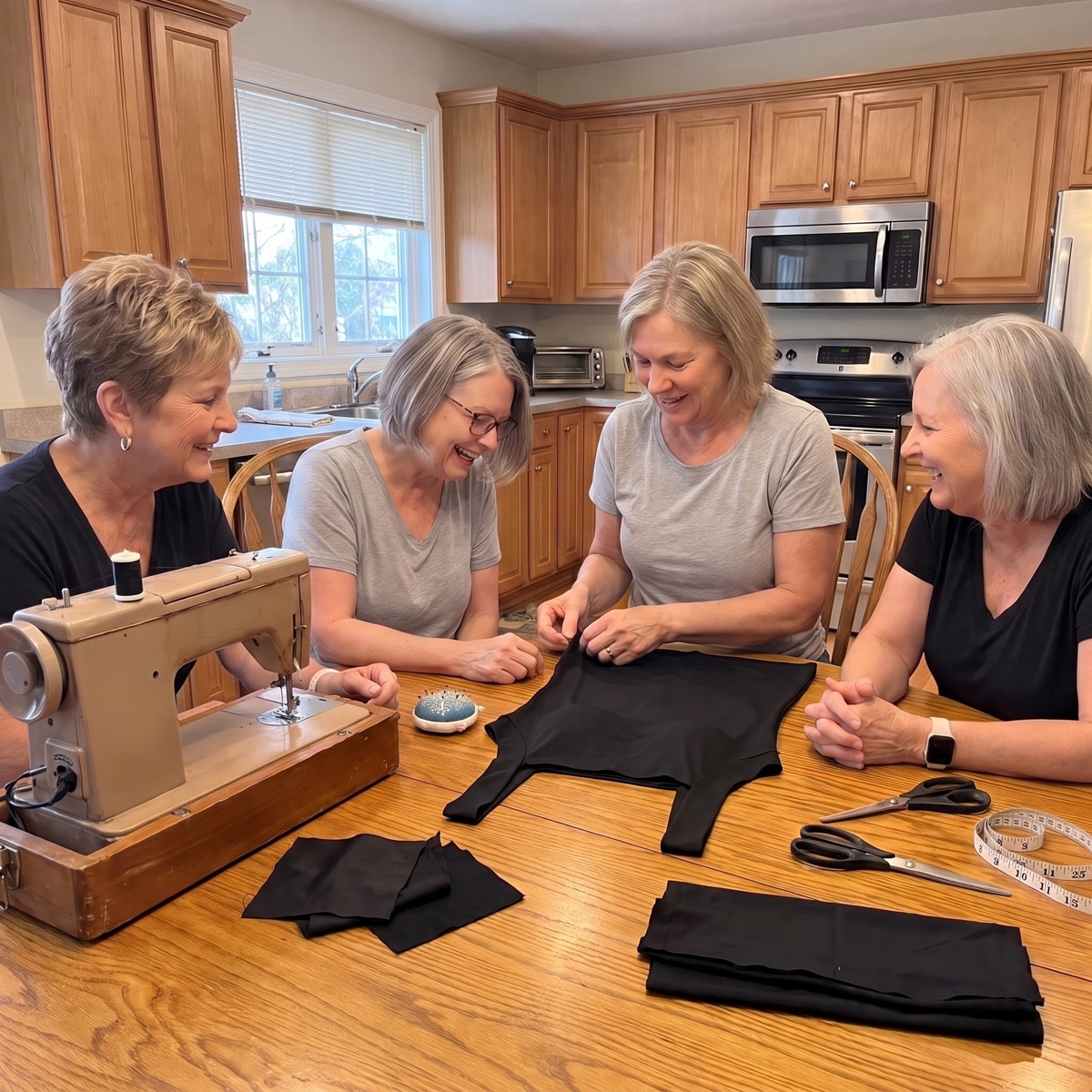 Four women at a kitchen table with an old sewing machine, cutting and pinning black fabric