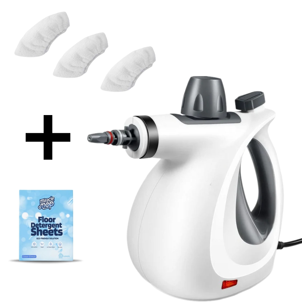 Steam cleaner with detergent sheets and three mop pads.