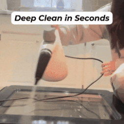 Person using a steam cleaner on an oven door.