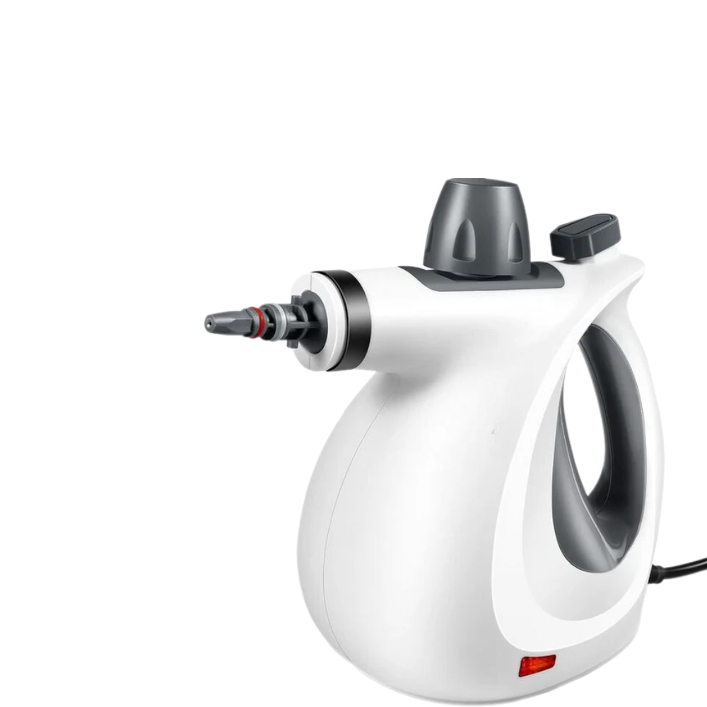 White handheld steam cleaner with a nozzle and handle.