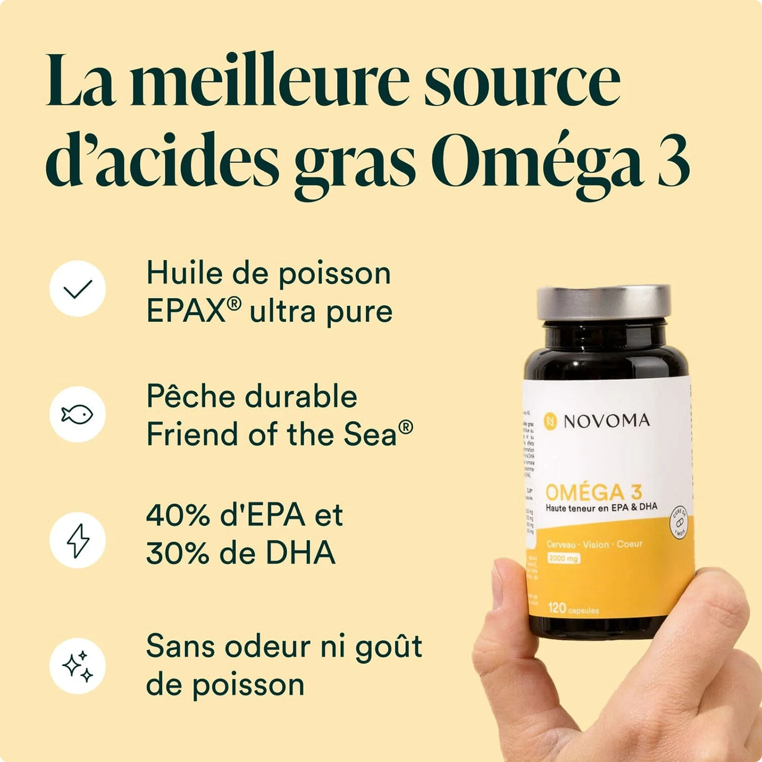 A hand holds a bottle of Novoma Omega 3 capsules against a background with descriptive text in French.