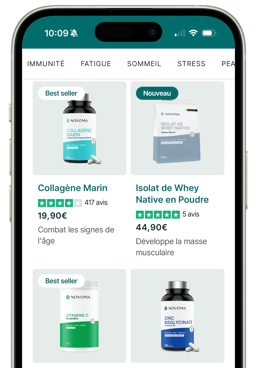 Phone screen displaying health supplements with prices and ratings.