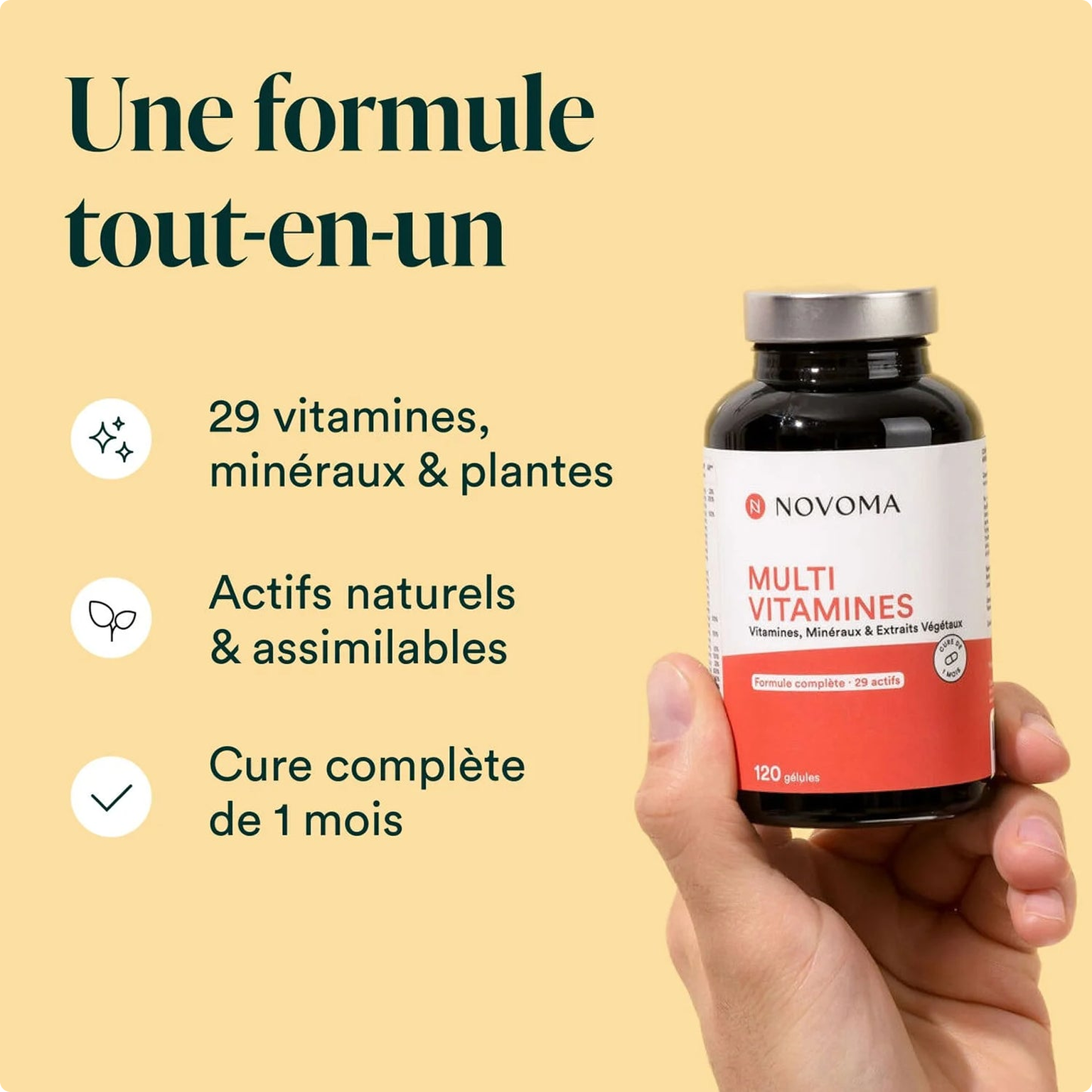 A hand holds a bottle of Novoma Multi Vitamines against a yellow background with French text.