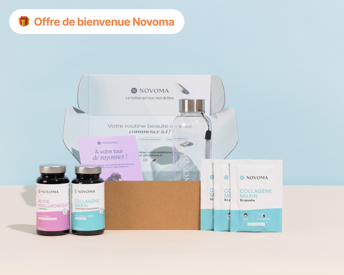 A Novoma welcome offer box with various beauty supplements, sachets, and a water bottle against a two-tone background.