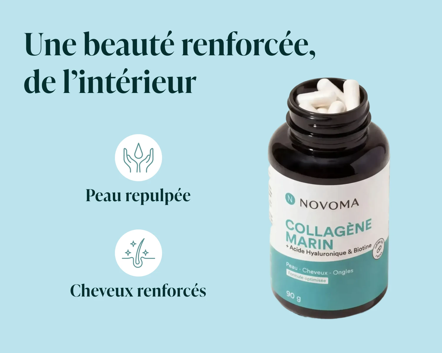 A bottle of Novoma Marine Collagen capsules next to French text and icons describing beauty benefits.