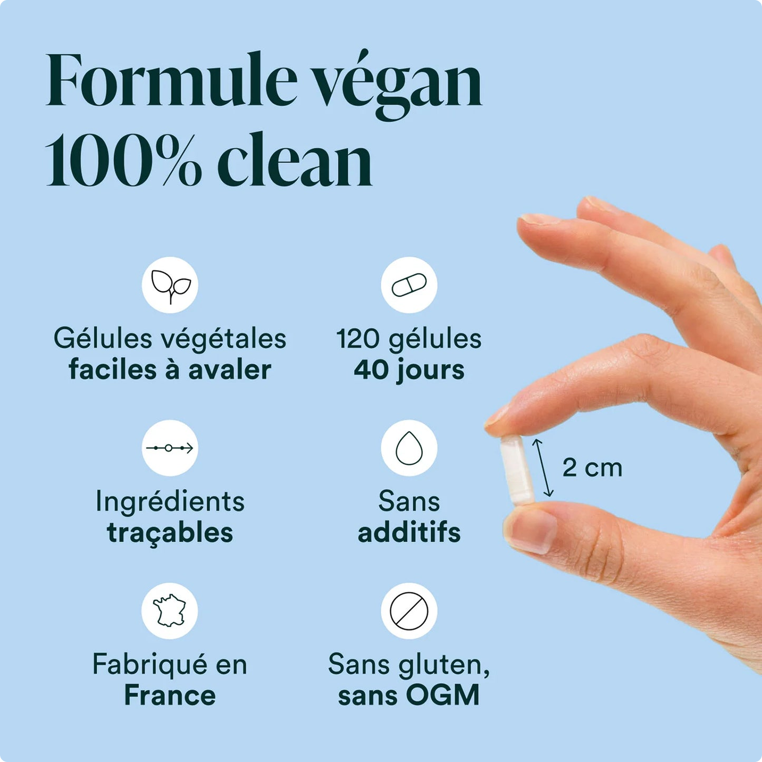 A hand holds a white capsule against a blue background with French text and icons describing product features.
