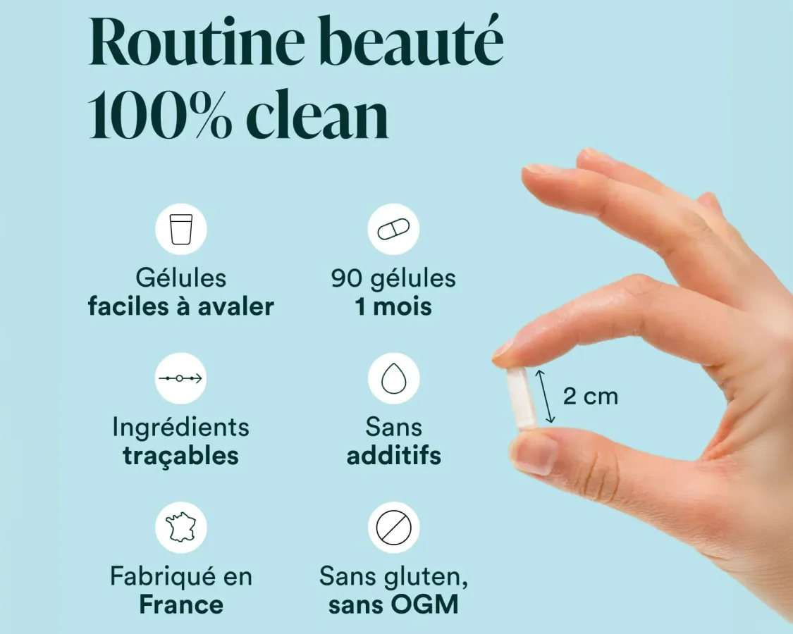 A hand holds a white capsule next to French text describing the product's features on a light blue background.