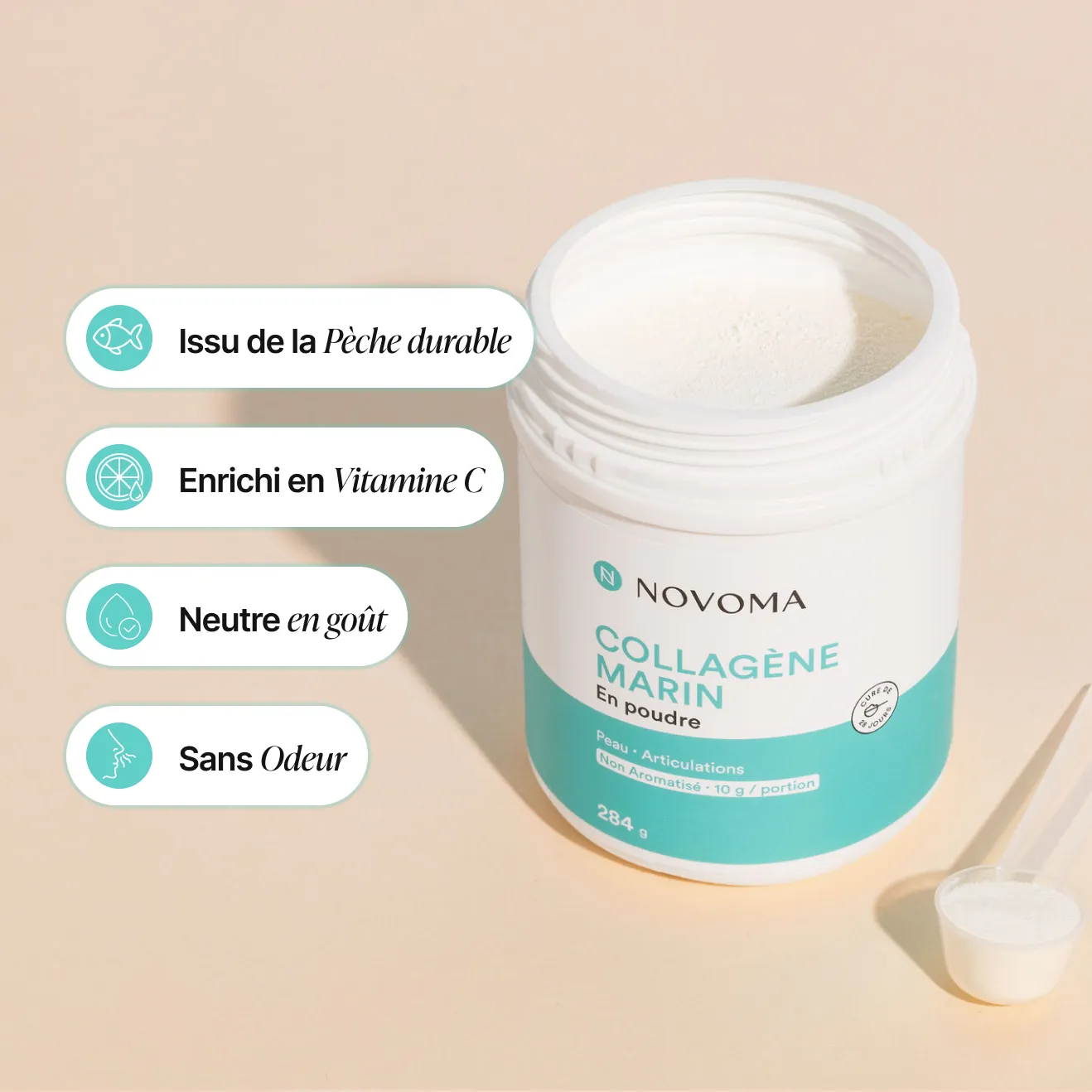 Open container of marine collagen powder with features listed in French.