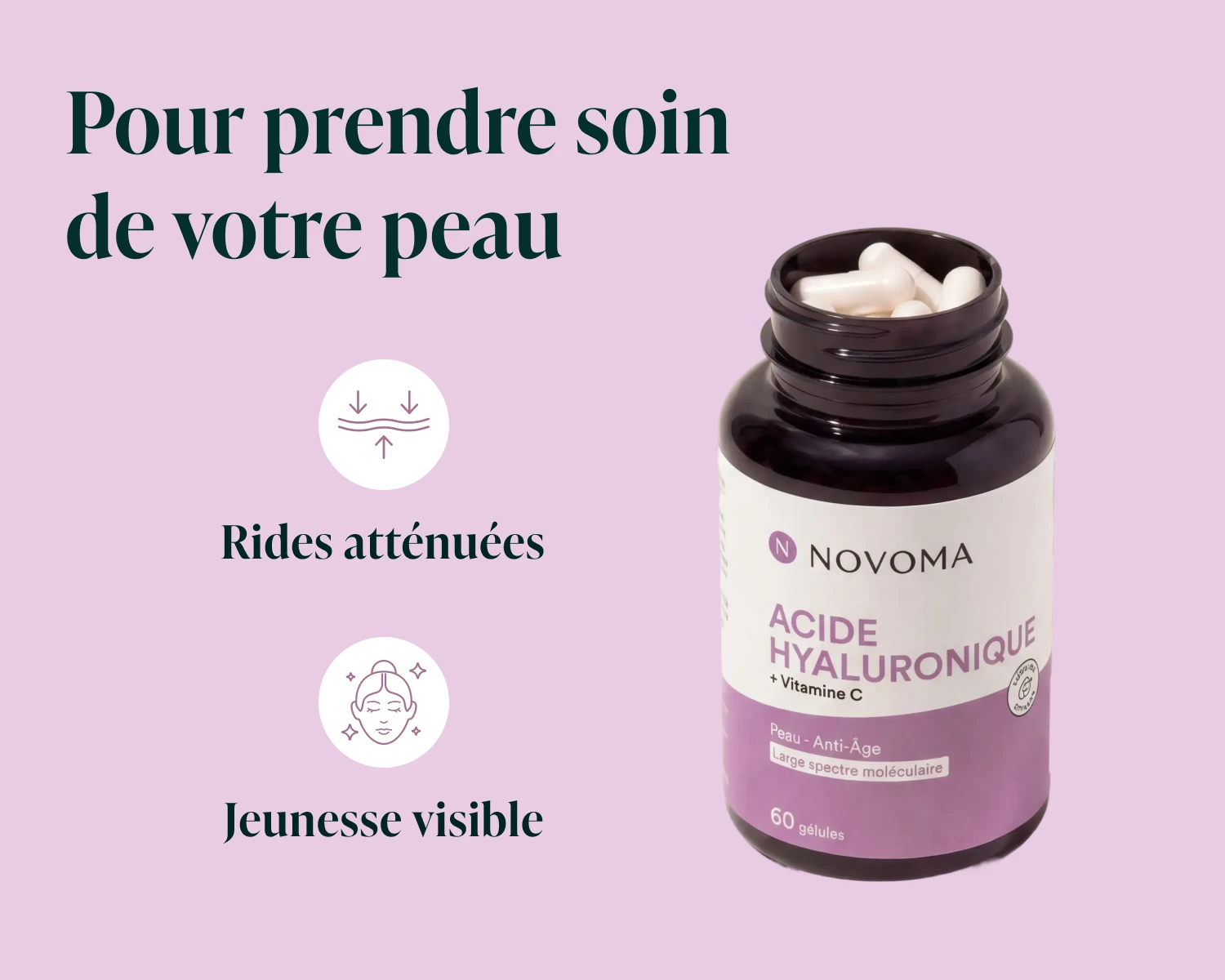 A bottle of Novoma Hyaluronic Acid supplements against a purple background with French text and icons.
