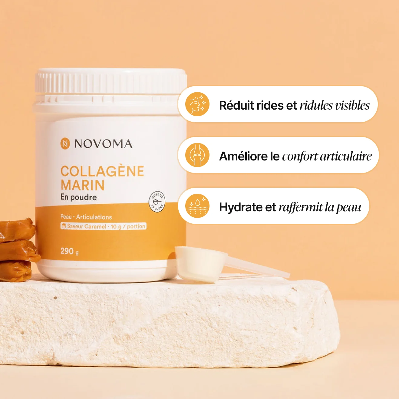 Jar of Collagène Marin powder with a scoop and caramel chunks.