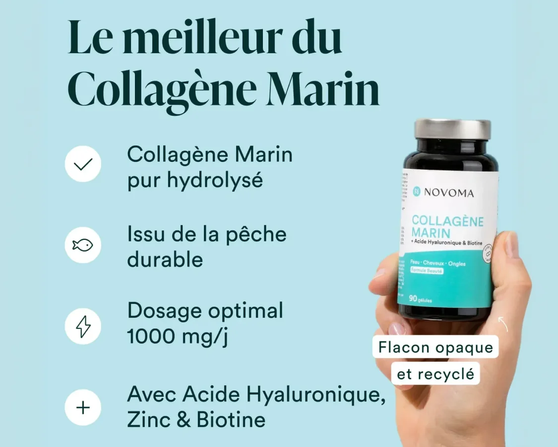 A hand holds a bottle of Novoma Marine Collagen capsules against a light blue background with French text.