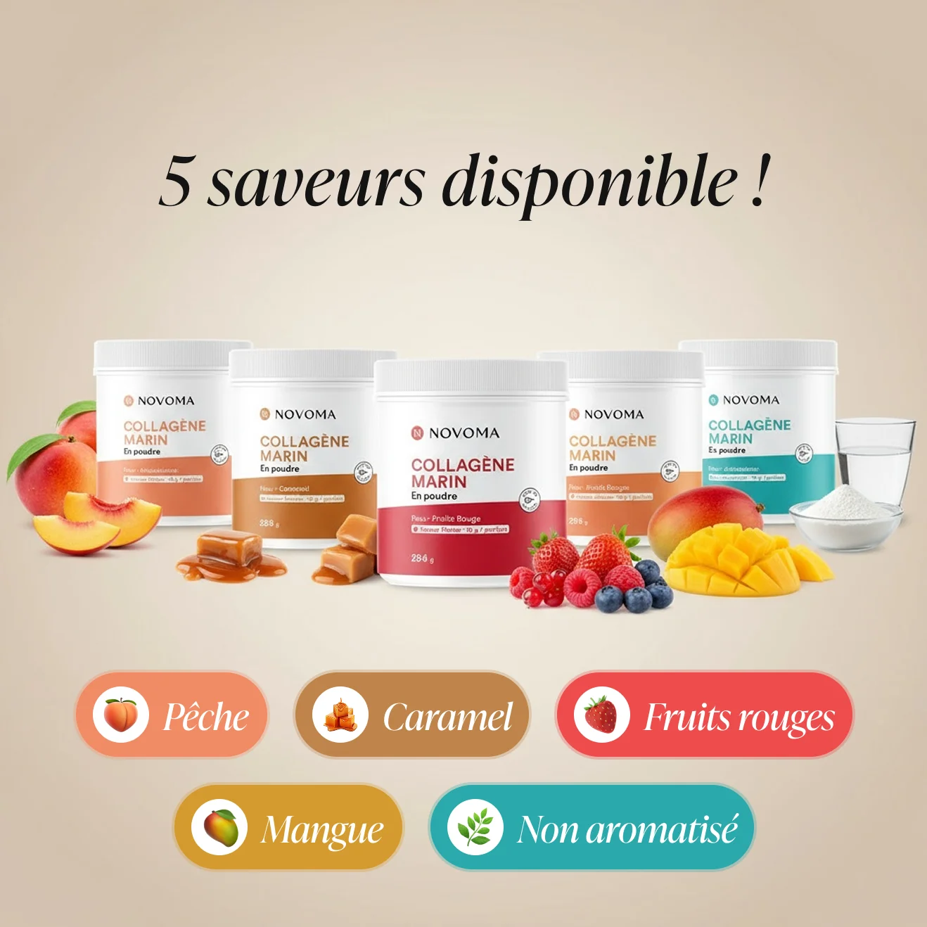 Five containers of flavored marine collagen powder with fruits and caramel.