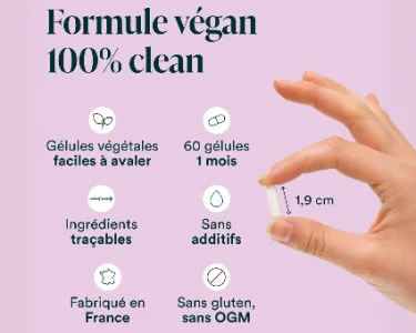 An infographic in French detailing the benefits of a vegan supplement, showing a hand holding one capsule.