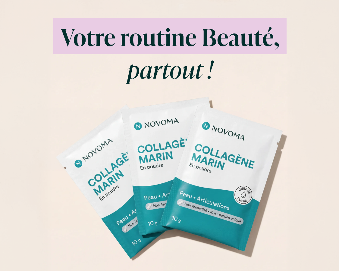 Three sachets of Novoma Marine Collagen powder are displayed on a light background below French text.