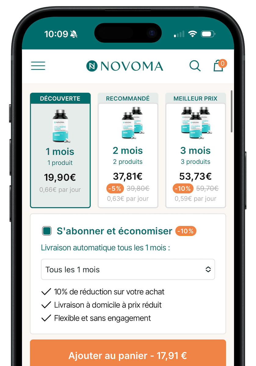 Novoma product subscription options displayed on a mobile screen with prices and discounts.