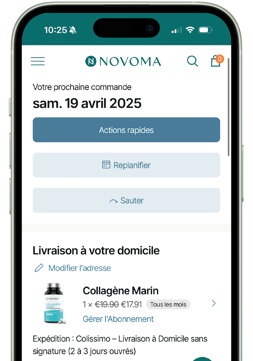 Smartphone screen showing an order for Collagène Marin with delivery details.