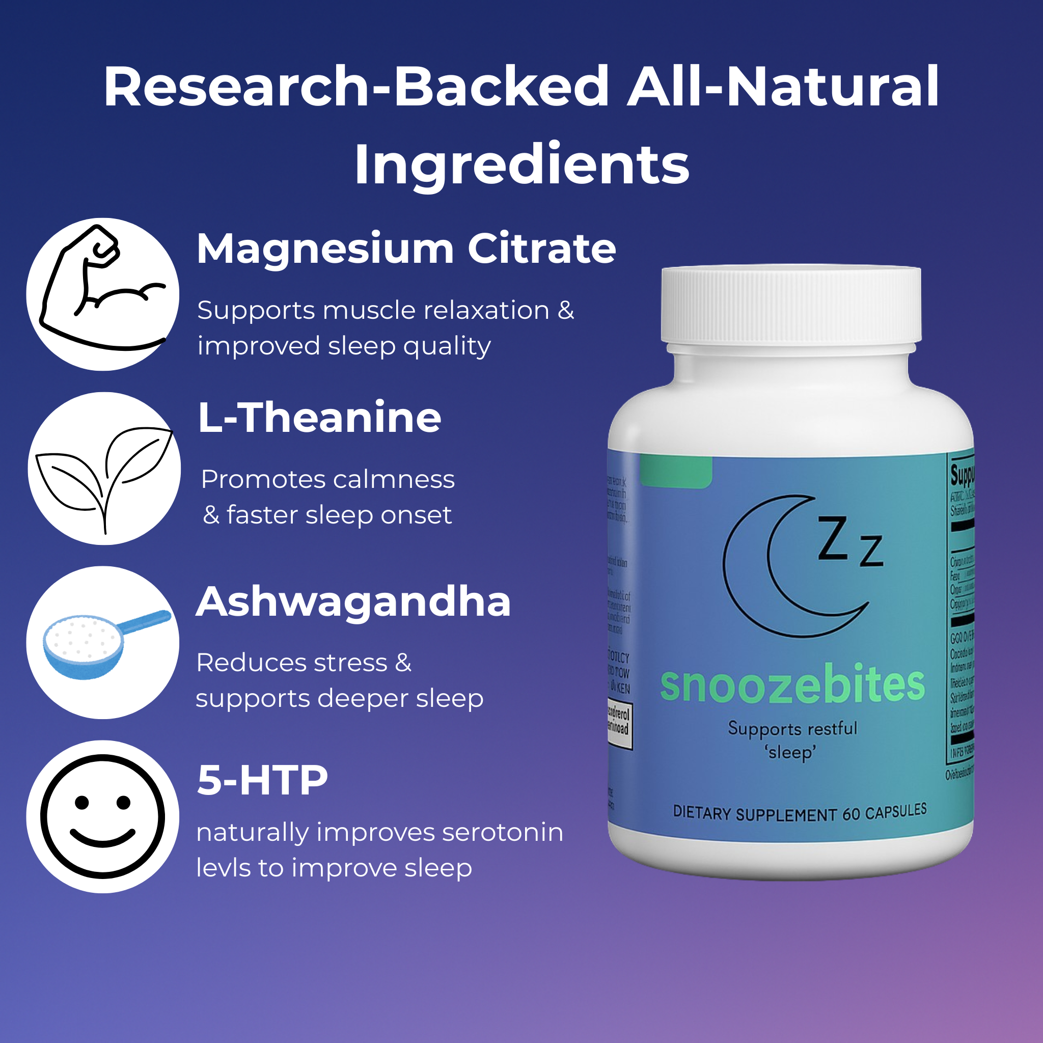 Supplement bottle with ingredients: Magnesium Citrate, L-Theanine, Ashwagandha, 5-HTP for sleep support.