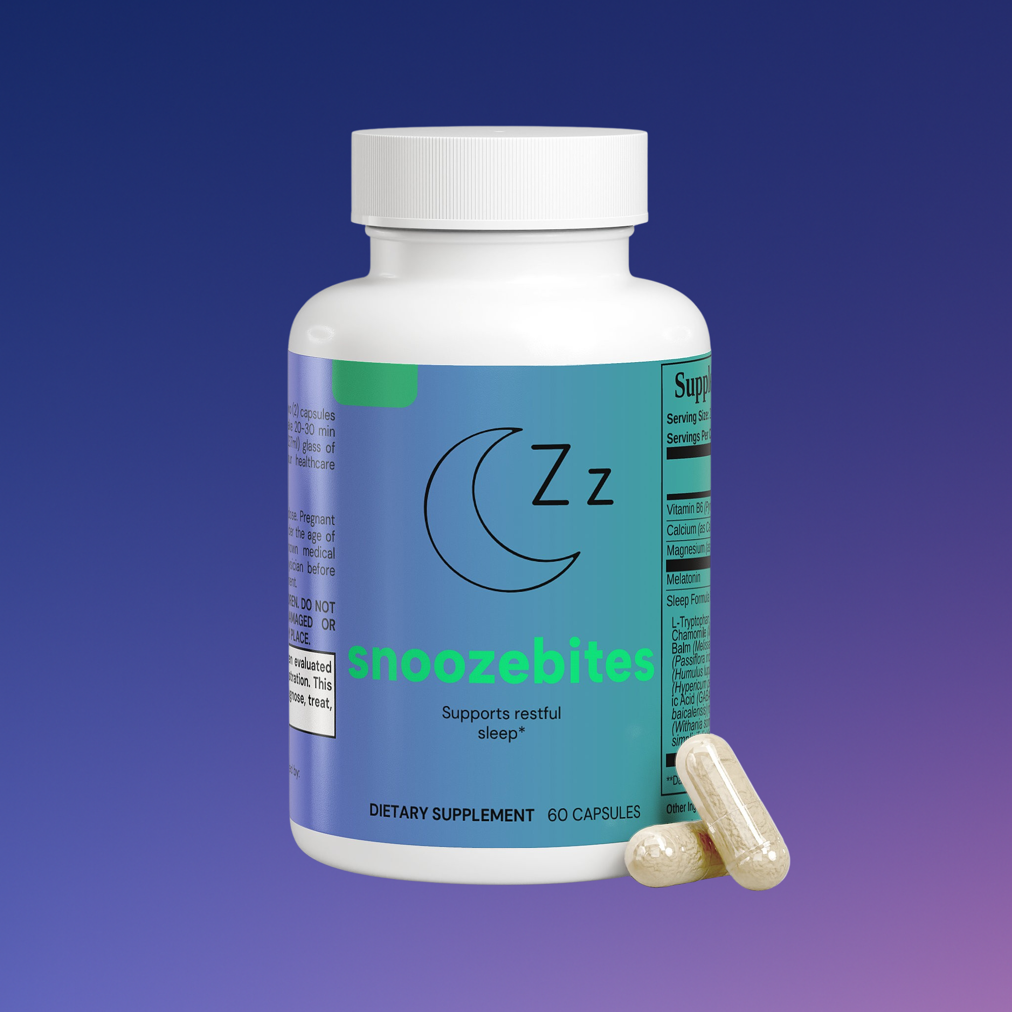 Bottle of dietary supplement labeled 'snoozebites' with two capsules beside it.