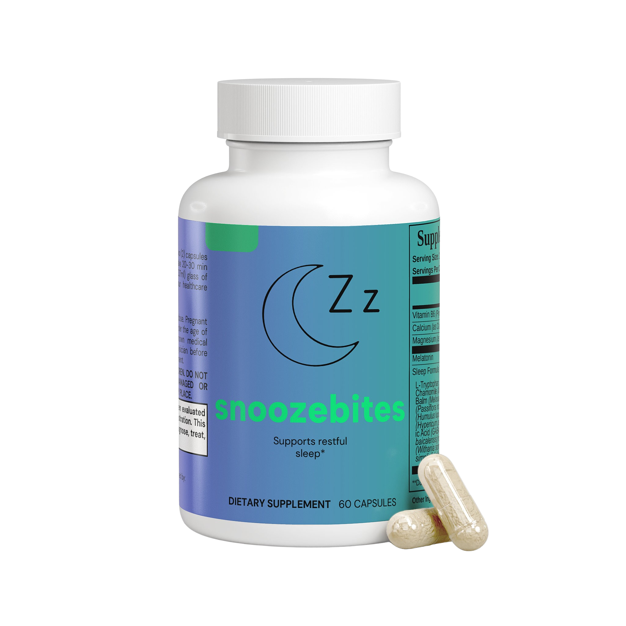 A bottle of dietary supplement capsules labeled 'snoozebites' with two capsules beside it.