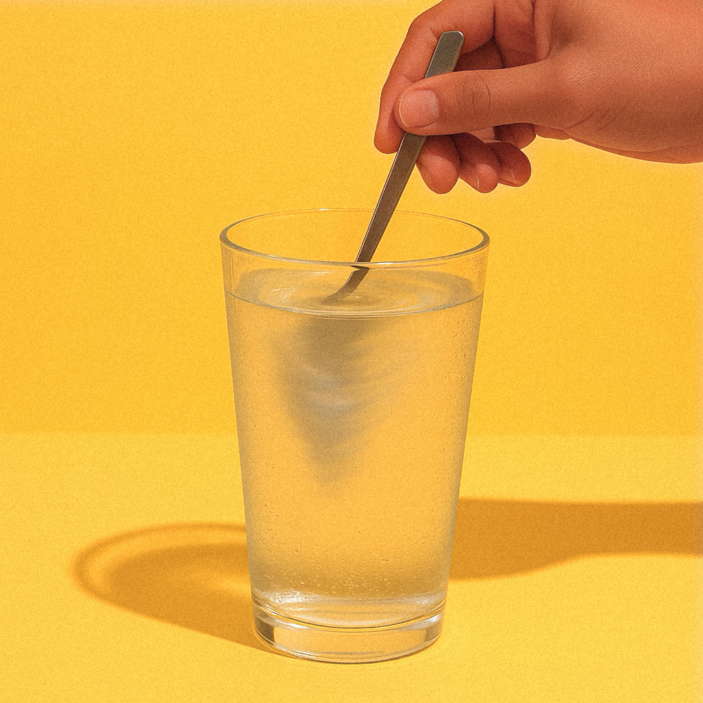 Hand stirring a glass of water with a spoon on a yellow background.