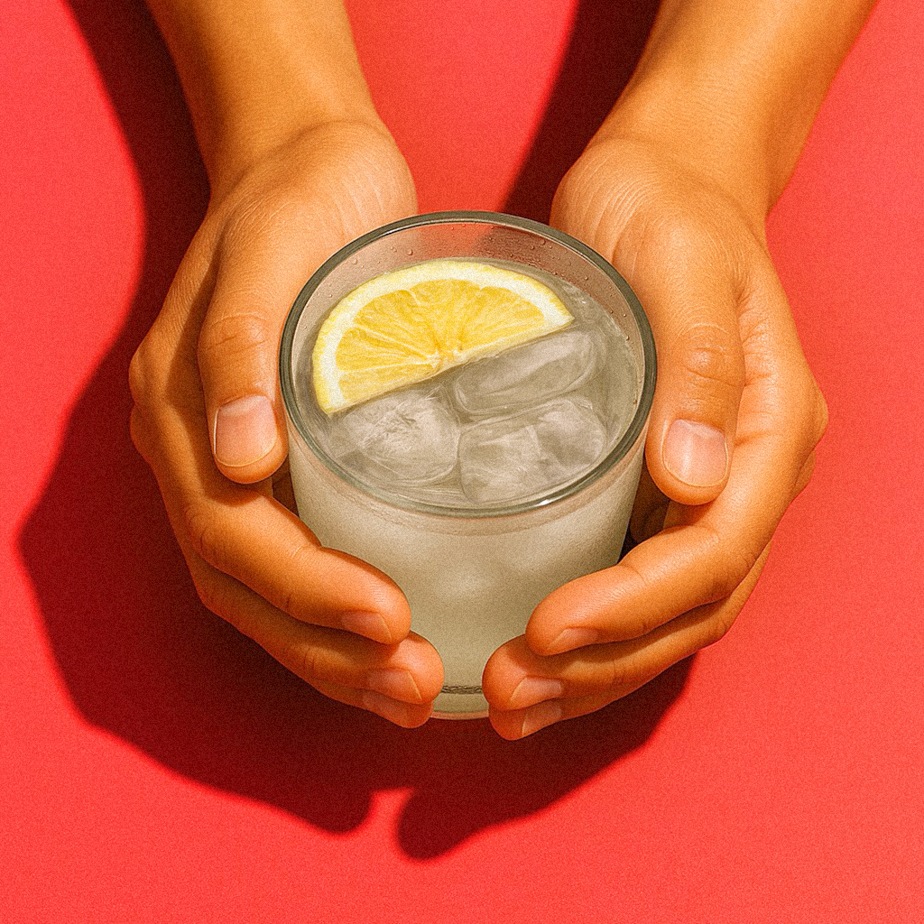 Hands holding a glass of iced lemon water on a red background.