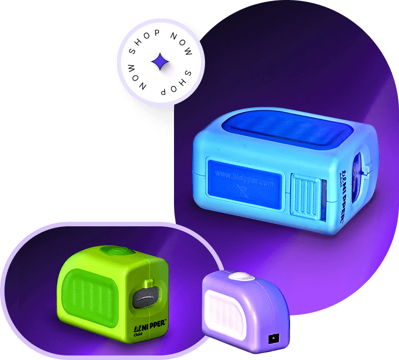 Colorful mini gadgets on a purple background with a 'Shop Now' button.