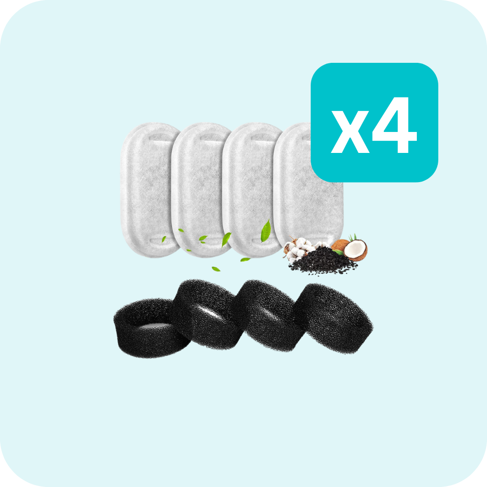 A 4-pack of white filter pads and black foam rings, with charcoal, cotton, and coconut ingredients.