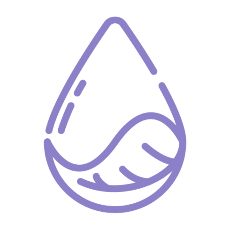 Outline of a water droplet with a leaf inside.