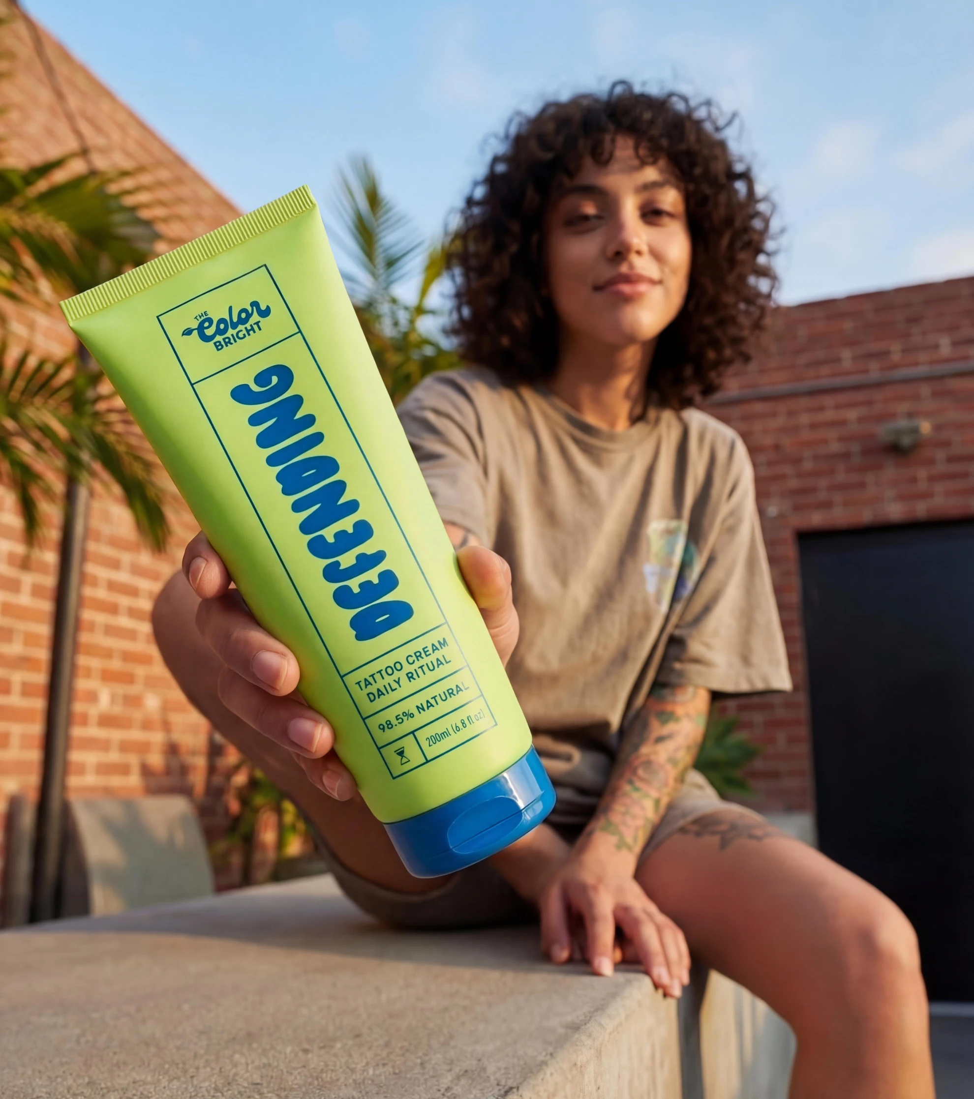 A woman with tattoos holds a large, lime-green tube of tattoo cream towards the camera.