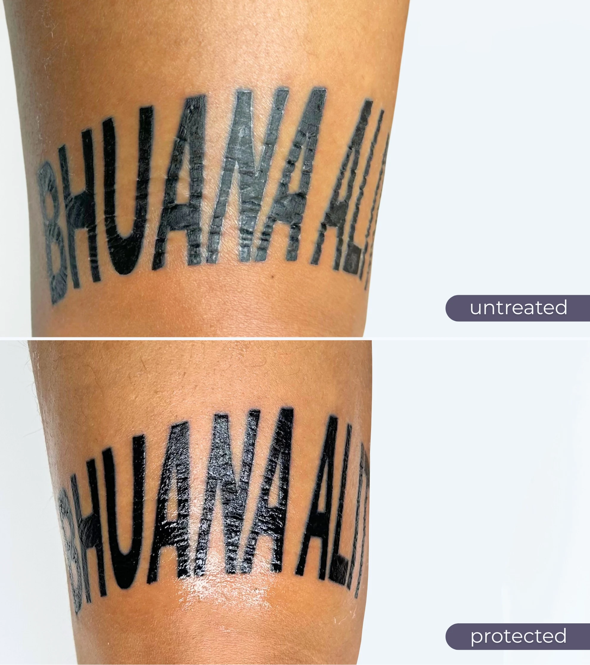 A before-and-after image showing a tattoo that is dry and flaky versus shiny and protected.