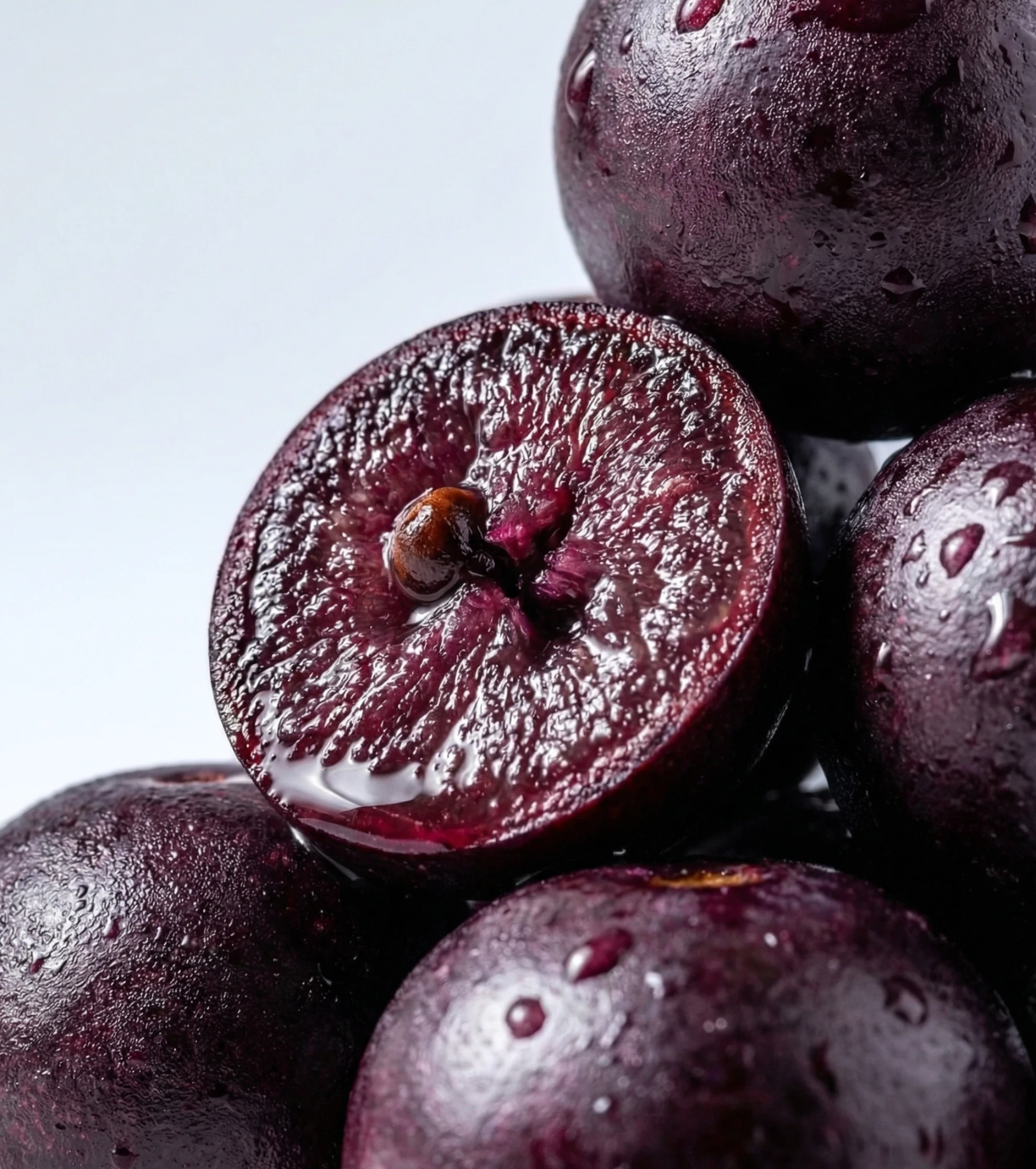 A close-up of dark purple fruits with water droplets, one sliced in half showing its juicy interior.