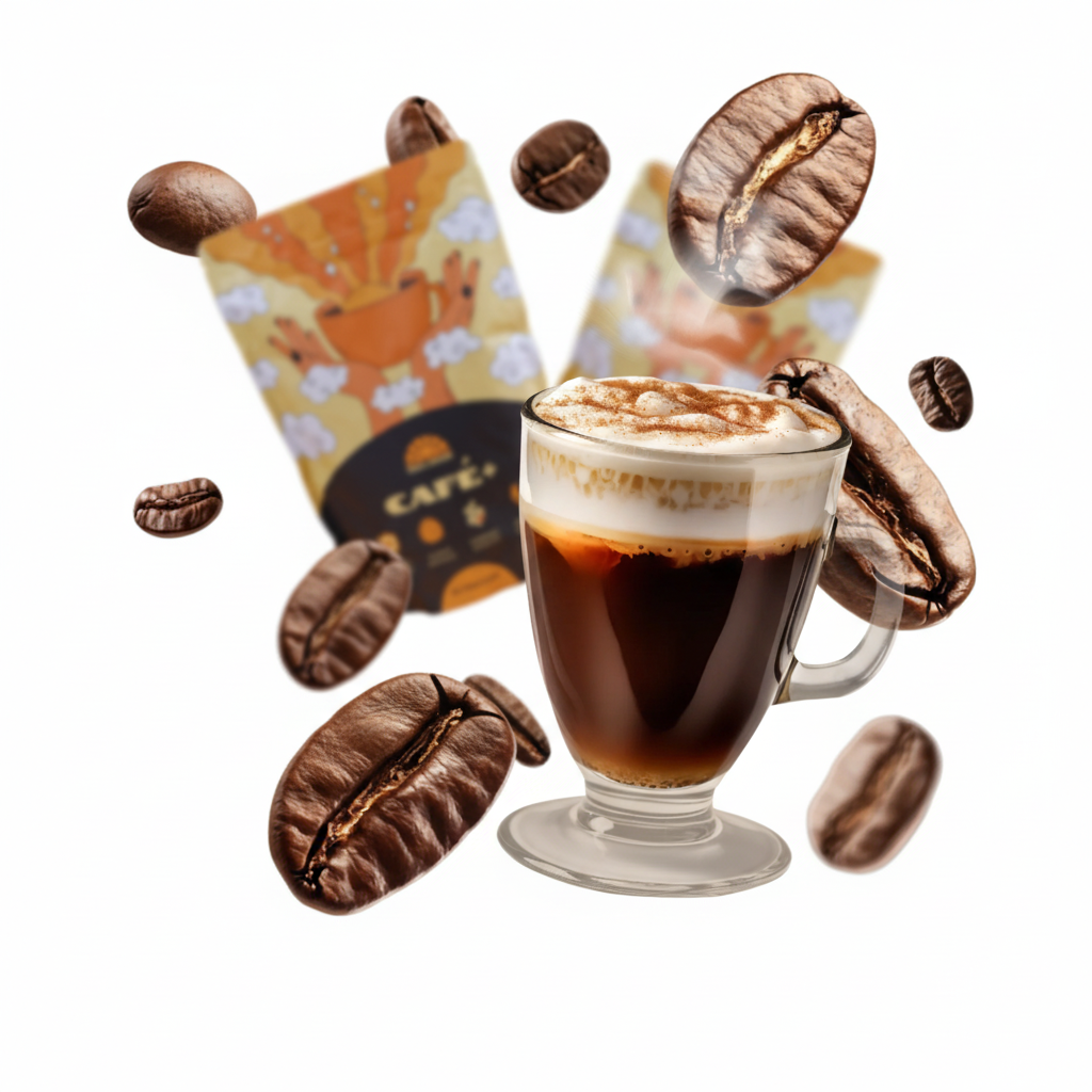 A coffee cup with froth surrounded by coffee beans and packages.