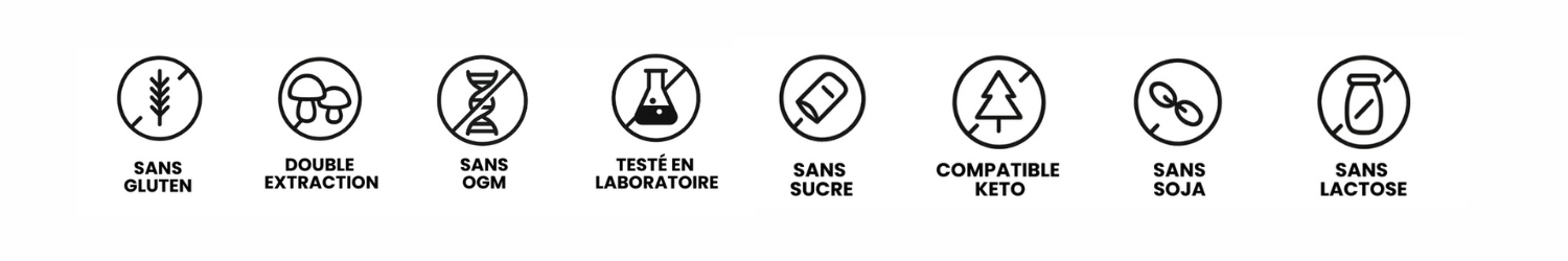 Seven icons with French text indicating various product attributes.