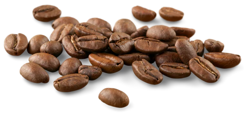 A pile of roasted coffee beans on a white background.