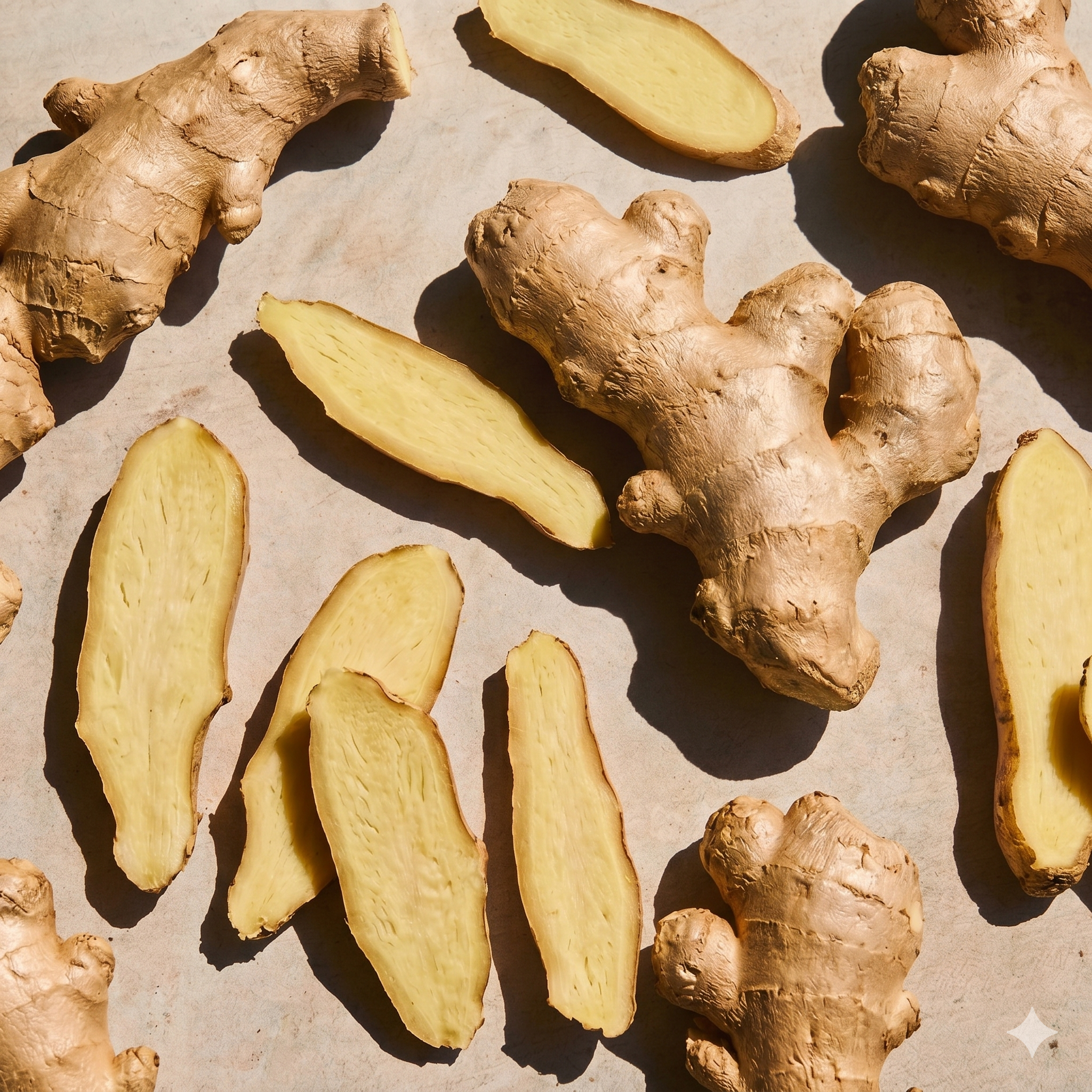 An overhead shot of whole and sliced ginger root scattered on a flat surface with strong shadows.