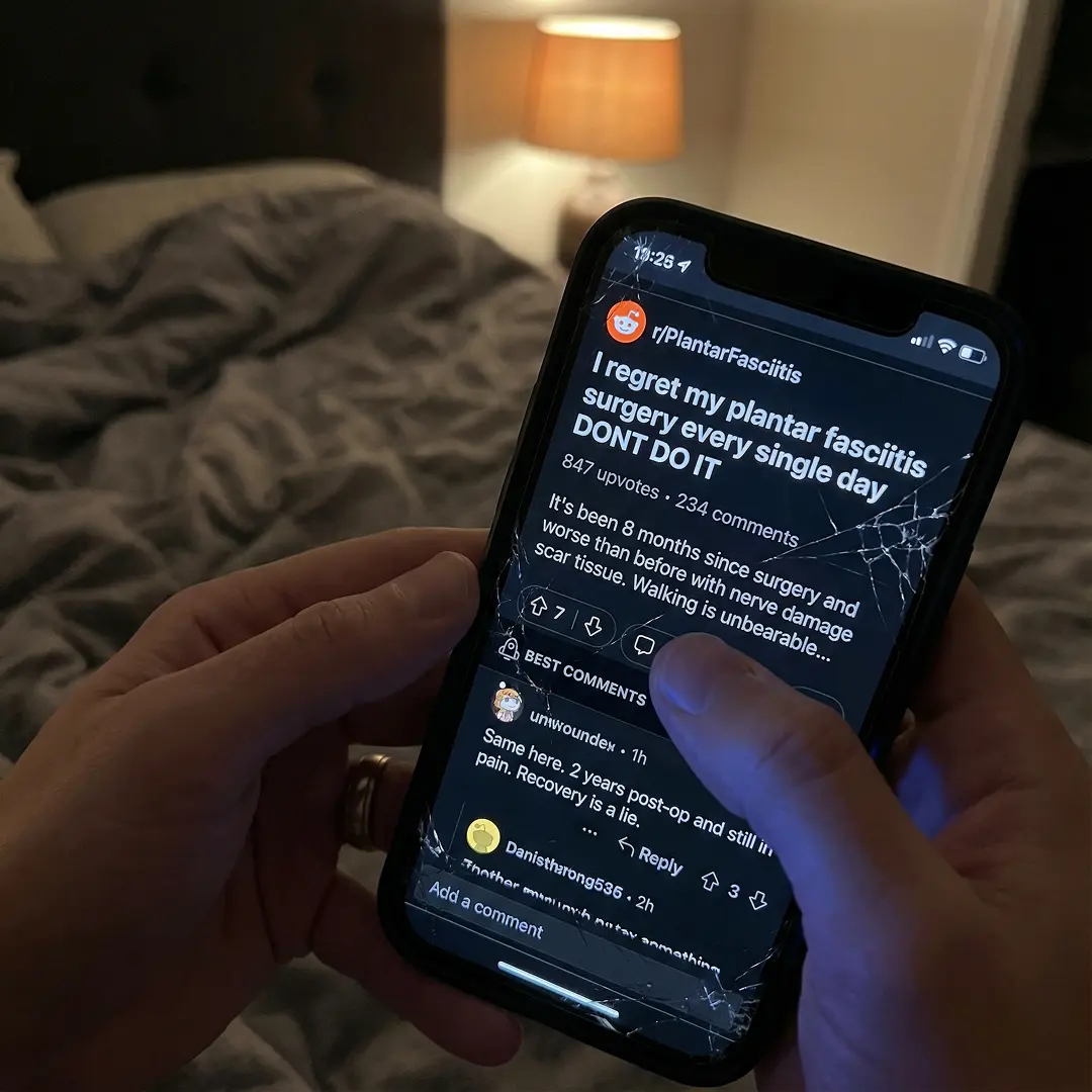Person holding cracked phone displaying Reddit post in dimly lit room.