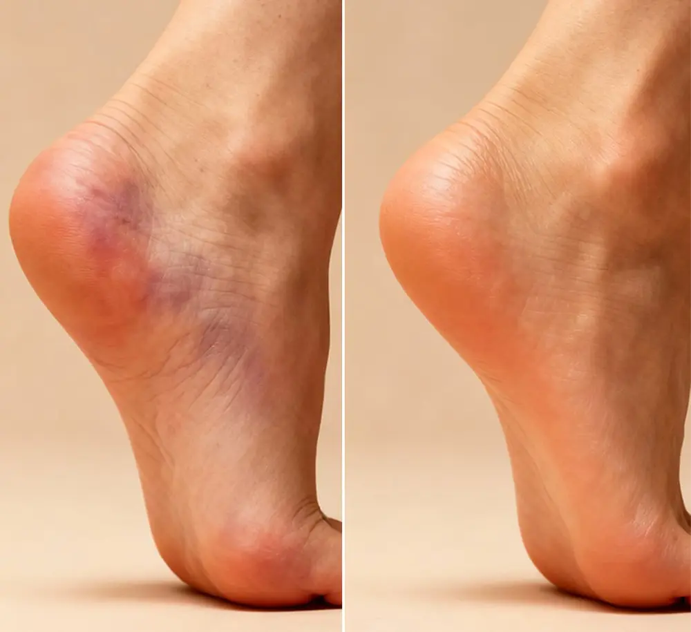 A before-and-after image showing a bruised heel on the left and a clear, smooth heel on the right.
