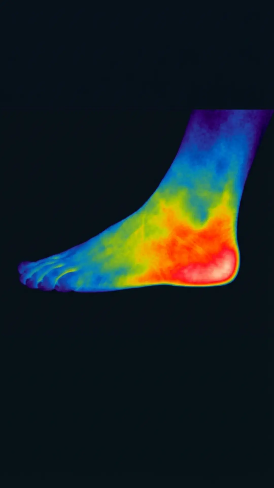 Thermal image of a foot showing various temperature levels.
