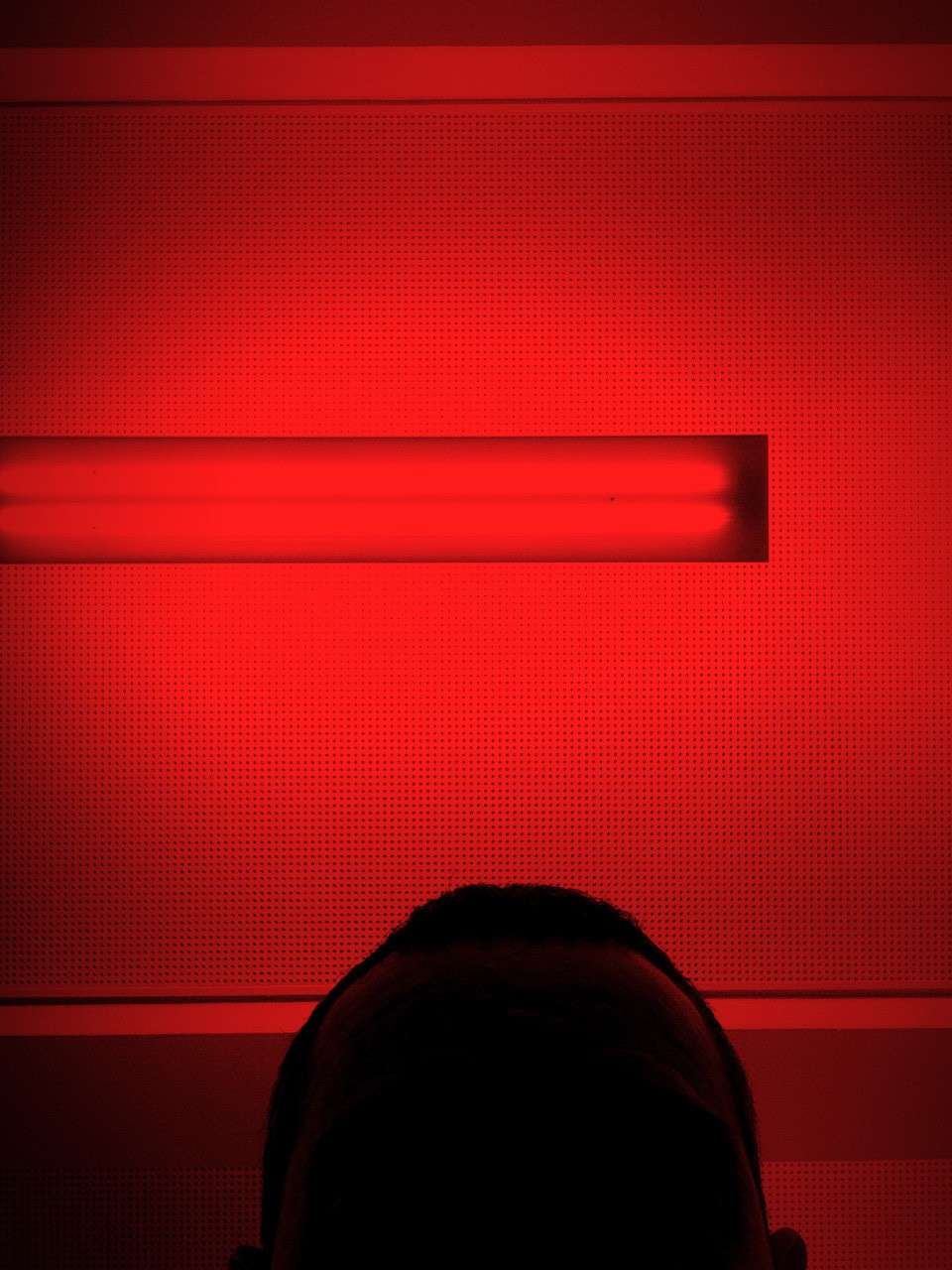Silhouette of a head against a red rectangular lighted background.