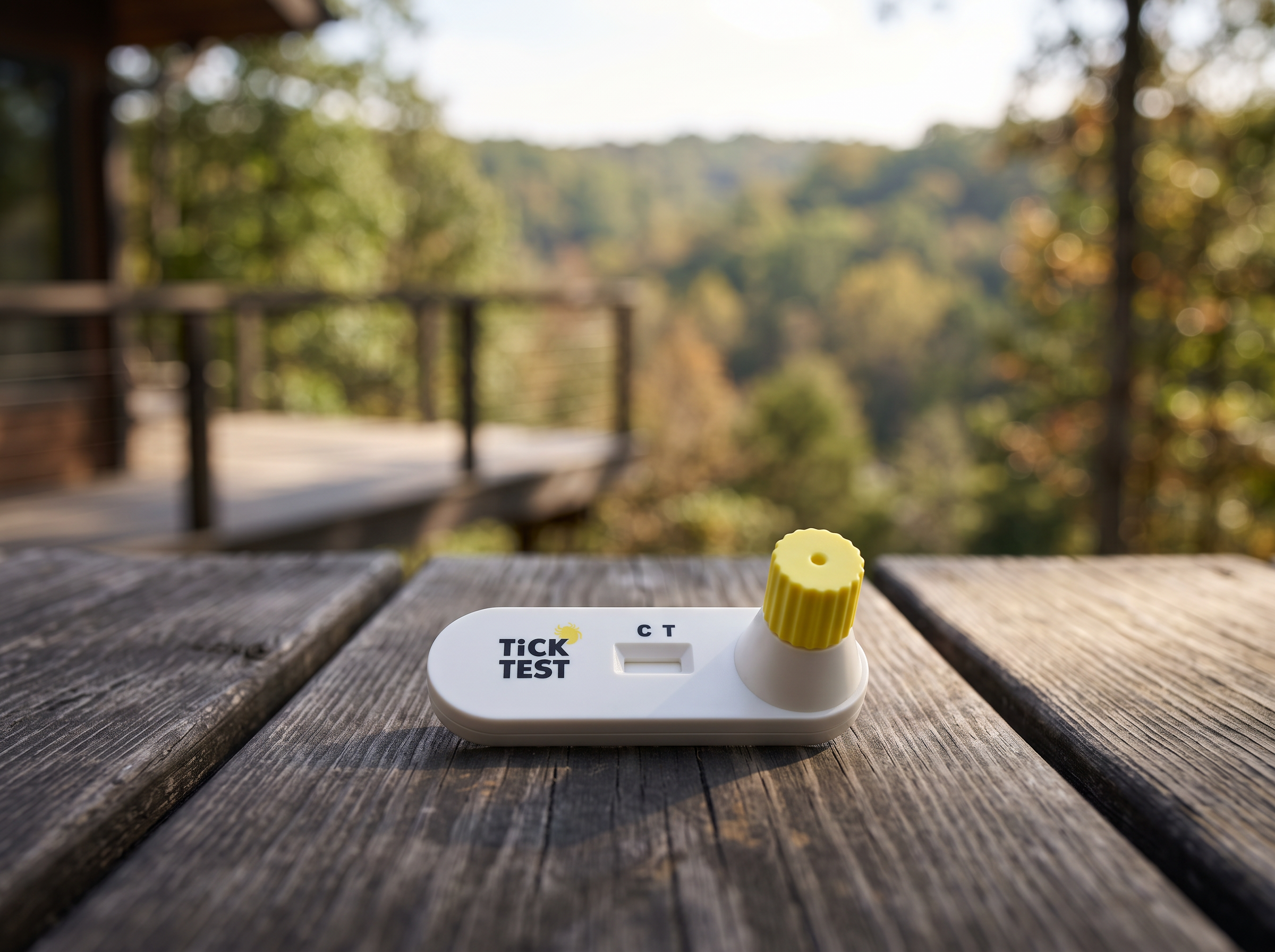 A white tick test kit with a yellow cap rests on a wooden table outdoors.