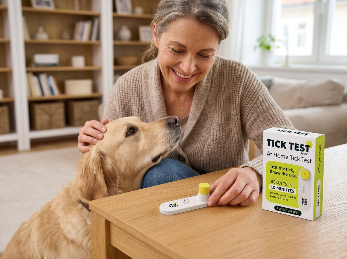 A smiling woman pets her golden retriever, with an at-home tick test kit on the table.