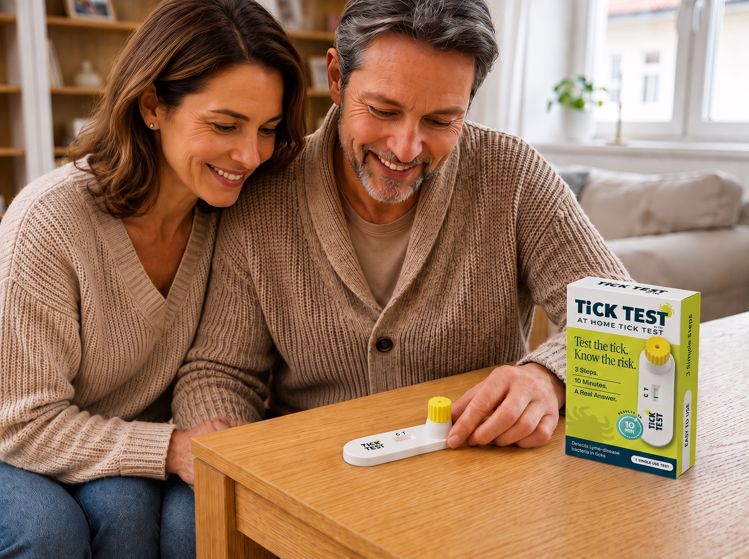 A smiling man and woman sit at a table looking down at an at-home tick test kit.