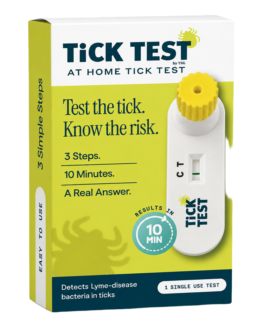 A box for an at-home 'Tick Test' kit, showing the test device and its packaging.