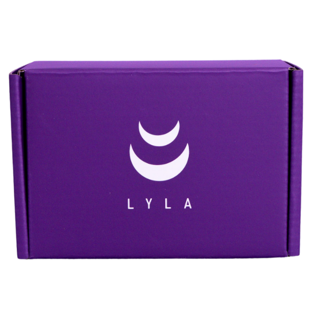 A purple box with a white logo of two crescent moons and the word LYLA.