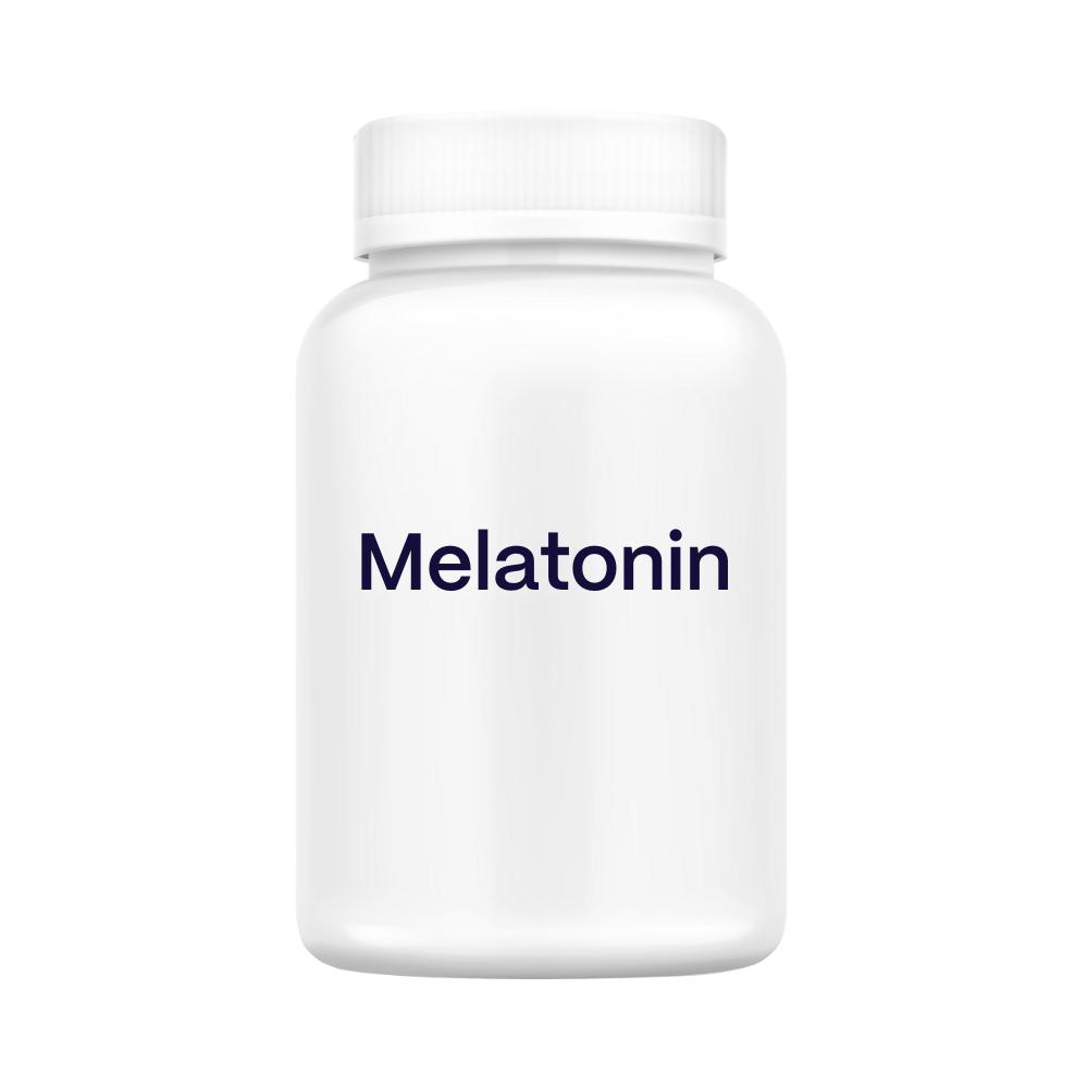 White bottle labeled 'Melatonin' with a screw cap.