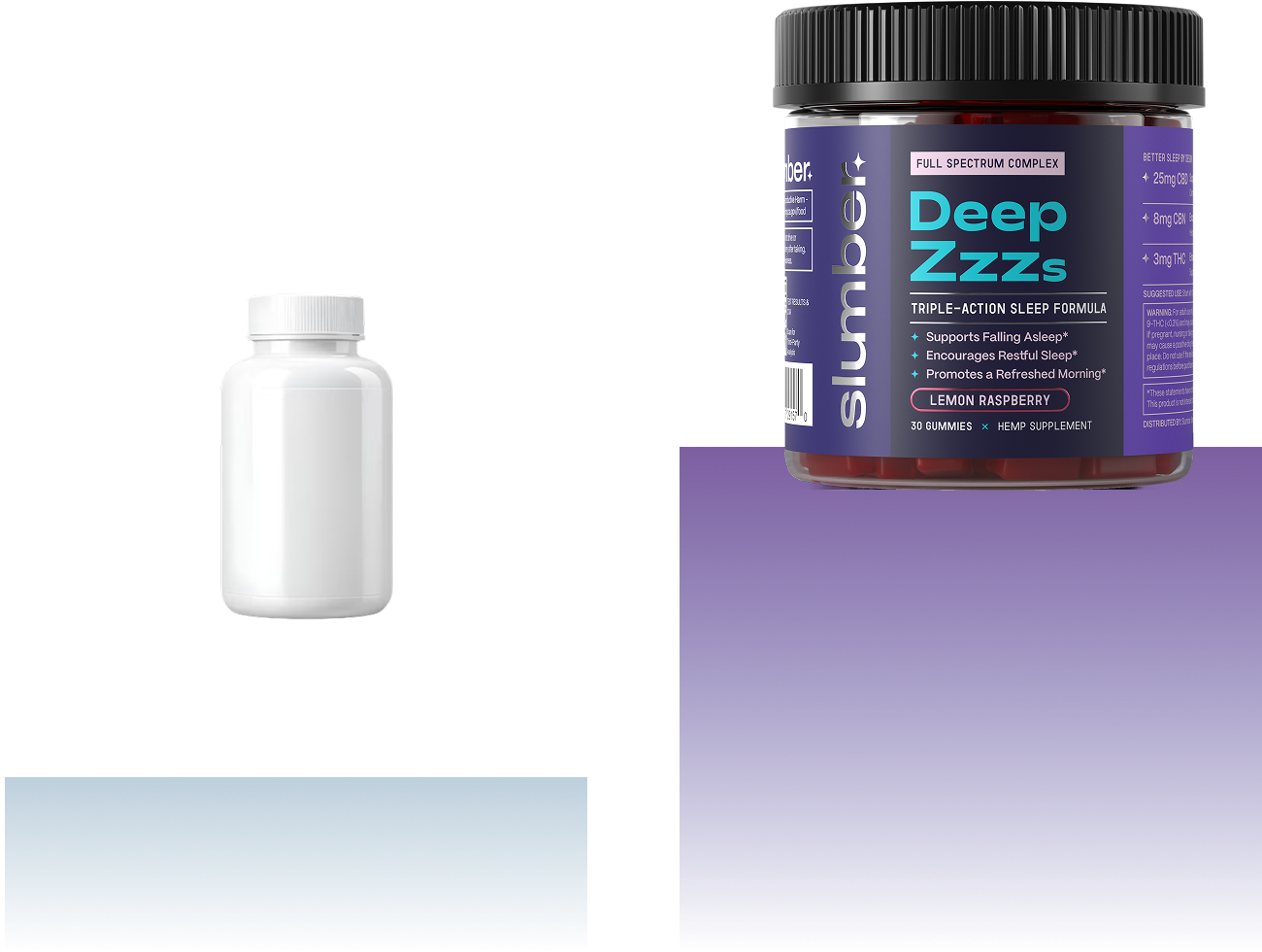 Comparison of a plain white bottle and a labeled jar of sleep aid gummies.