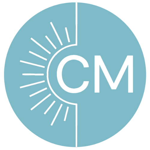 A blue circle with 'CM' and sun rays on the left side.