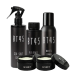 Black bottles and jars of grooming products with BT45 label.